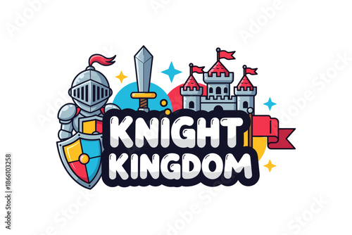 Medieval knight kingdom logo with castle and sword illustrations