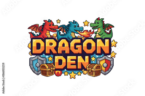 Colorful dragon den logo with shields and treasure chests