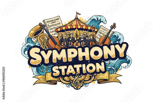 Orchestral carnival: musical journey with instruments and waves