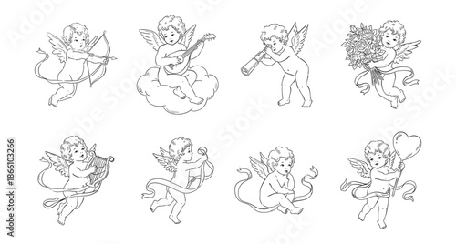 Valentine’s Day Cupid Line Drawing Set. Hand Drawn Vintage Cherub Angel Illustrations in Various Pose, Simple Style, Greeting Cards, Invitations, Posters, Decorations Romantic Holiday Design Vector.