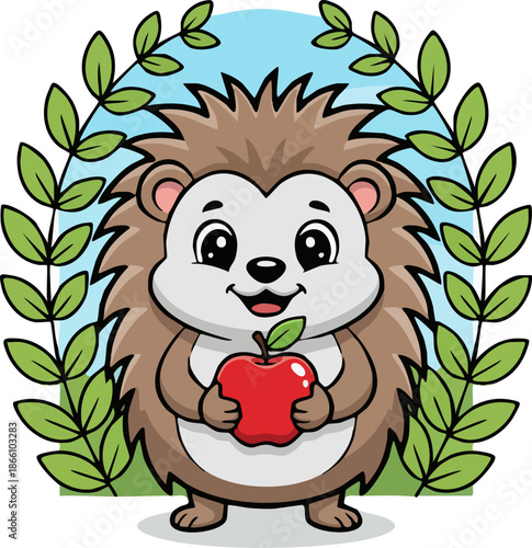 Cute cartoon hedgehog character holding a fresh red apple