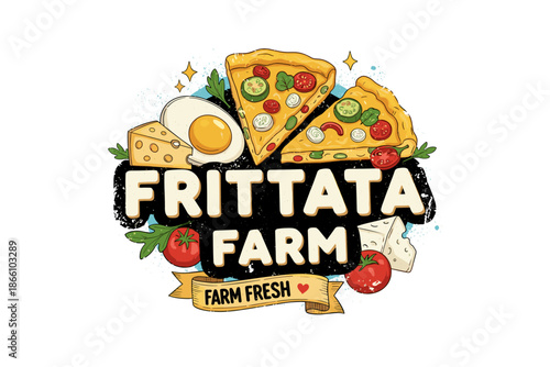 Farm fresh frittata with ingredients and cheese slices in vibrant design
