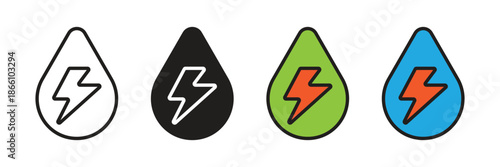 Lightning bolt symbol inside a water drop, representing hydro energy, clean electricity, eco-friendly power, and sustainable renewable resource technology solutions.