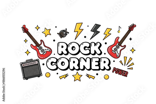 Retro music theme with electric guitars, amplifier, and rock elements in doodle style