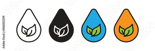 Water drop silhouettes containing green leaves or lightning bolts, representing organic liquid, hydro energy, eco-friendly fuel, and sustainable water resources.