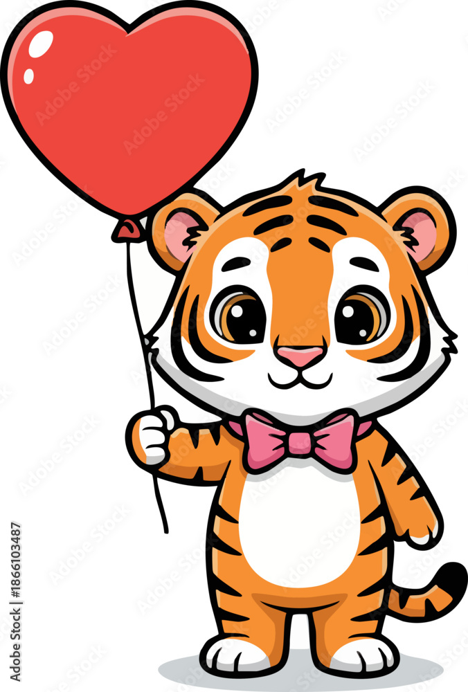 Fototapeta premium Cute cartoon tiger cub holding a heart-shaped balloon