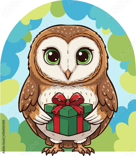 Cute cartoon barn owl delivering a festive gift package.