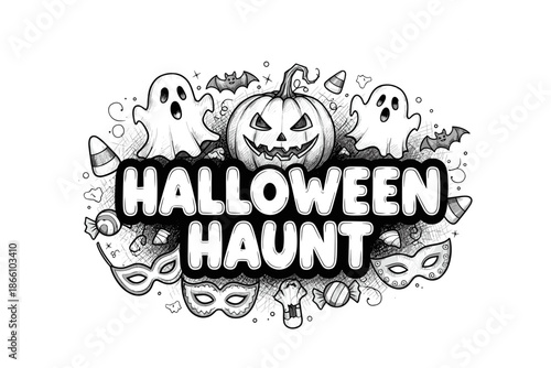 Monochrome halloween haunt with ghosts, pumpkins, and masks in doodle style