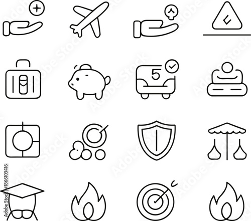 Insurance and financial protection line icons set for travel, savings, investment, safety, education, and risk management services solutions