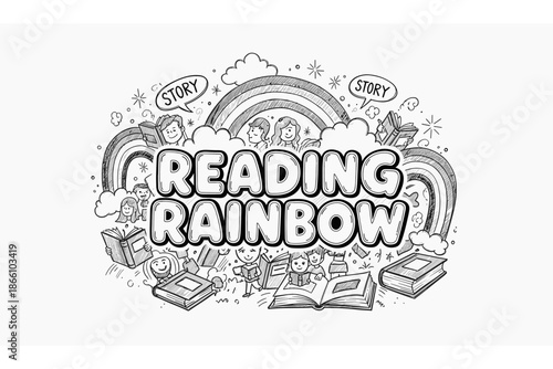 Playful hand-drawn reading theme with rainbows and books for kids
