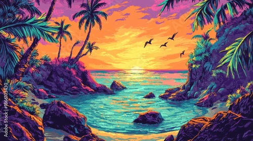 Sunset scene with palm trees, sea, rocks, and flying birds in vibrant pixel art