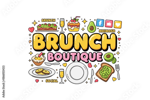 Colorful brunch icons: avocado, cupcakes, and social media elements decor