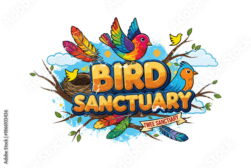 Colorful bird sanctuary logo with vibrant feathers and nature elements