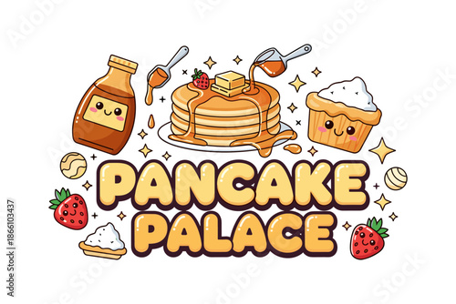 Cute pancake palace: adorable breakfast theme with syrup and muffin