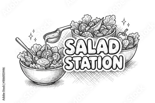 Hand drawn salad station with fresh ingredients and dressing in bowls