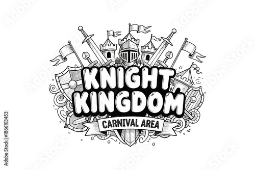 Medieval knight kingdom theme park logo with shield and castle elements in black and white