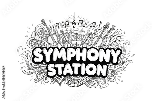 Orchestral music doodle with instruments and notation in black and white