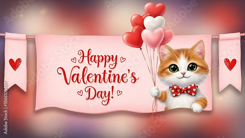Cute Cat Holding Valentine Balloons Illustration