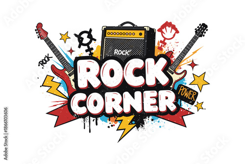 Rock corner design with electric guitars, amp, and graphic elements