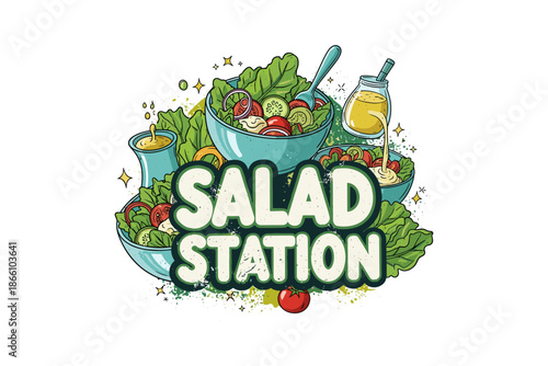 Fresh salad station with assorted vegetables and dressing in a cartoon style
