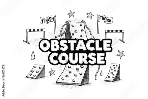 Obstacle course challenge with climbing wall and hurdles in black and white sketch style