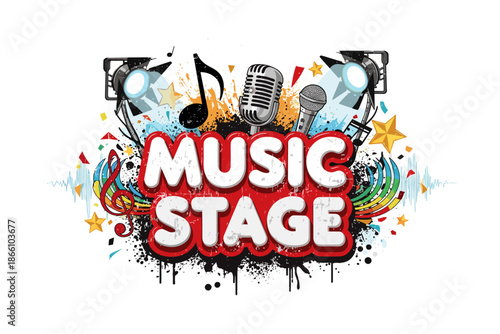 Vibrant music stage design with microphones, notes, and lights
