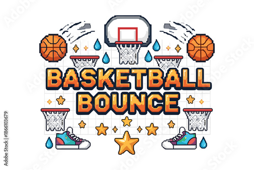 Retro pixel art basketball game with hoops, sneakers, and stars