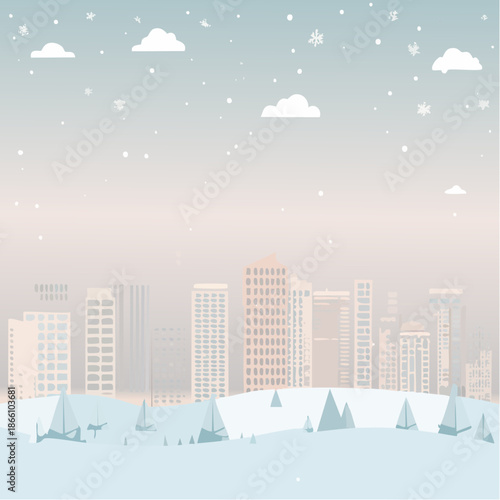 Paysage urbain enneigé avec maisons colorées et immeubles dans la brume, couleurs pastel