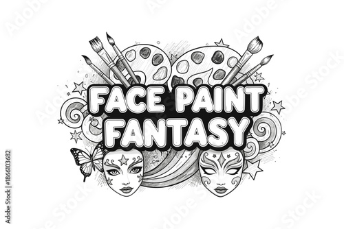 Creative face paint art with masked characters and decorative elements
