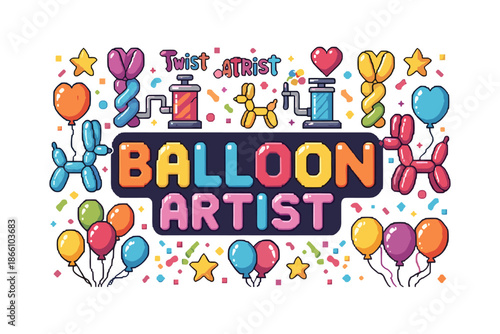 Colorful balloon artistry with twisted animals and party decorations