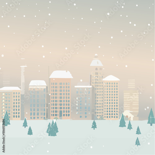 Paysage urbain enneigé avec maisons colorées et immeubles dans la brume, couleurs pastel
