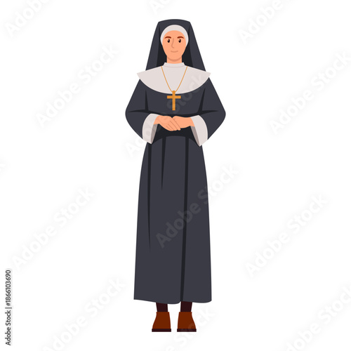 Vector illustration of a pious nun. Cartoon scene of a believing, religious nun with folded hands, dressed in a black cassock, white collar, golden cross on her neck, isolated on a white background.