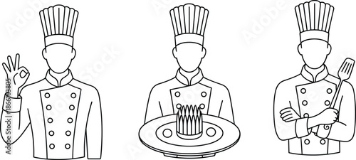 Line illustration set of professional chef characters in uniform showing cooking gestures, serving dish, and culinary expertise concept