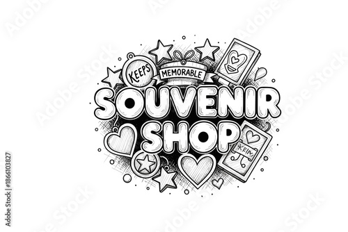 Hand-drawn souvenir shop design with stars and hearts