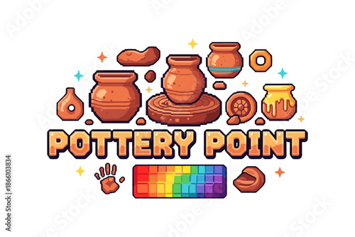 Retro pixel art pottery with clay tools and color palette on white background
