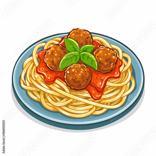Assiette de spaghettis à la sauce tomate avec boulettes de viande et basilic
