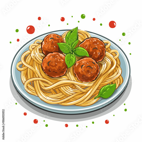 Assiette de spaghettis à la sauce tomate avec boulettes de viande et basilic