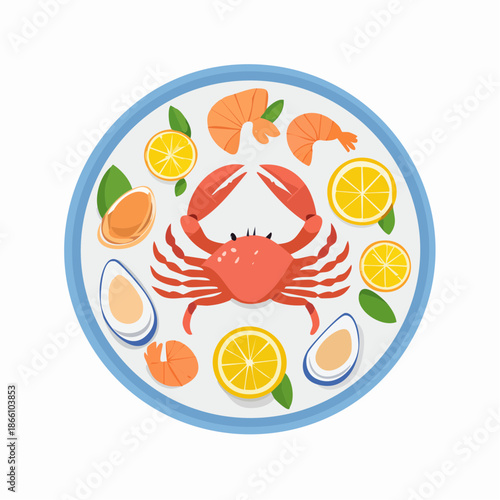 Plateau de fruits de mer stylisé avec crabe, crevettes et coquillages
