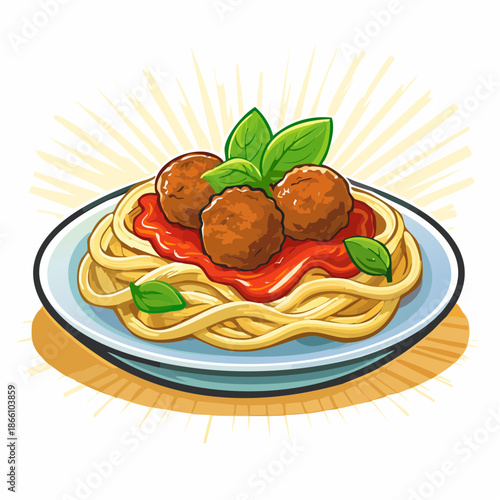 Assiette de spaghettis à la sauce tomate avec boulettes de viande et basilic