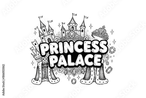 Enchanted castle coloring page with crown and jewels