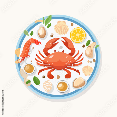 Plateau de fruits de mer stylisé avec crabe, crevettes et coquillages