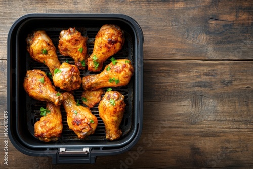 Close up of golden fried chicken drumsticks in an air fryer