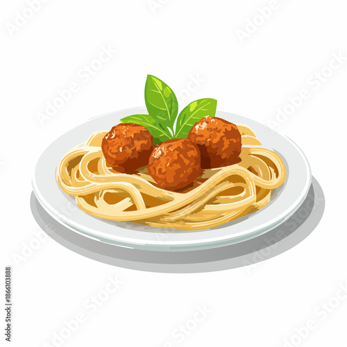 Assiette de spaghettis à la sauce tomate avec boulettes de viande et basilic