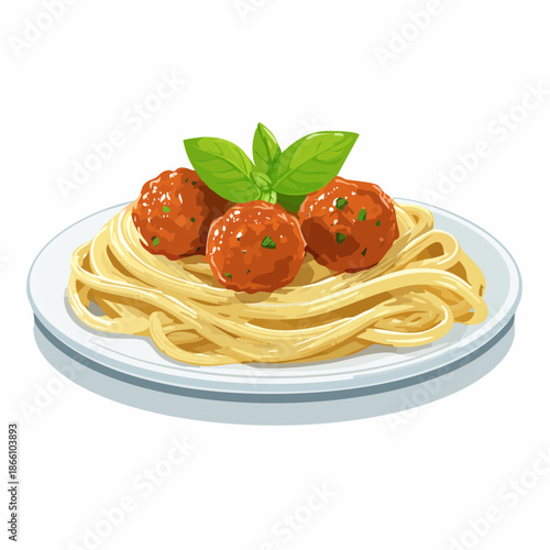 Assiette de spaghettis à la sauce tomate avec boulettes de viande et basilic