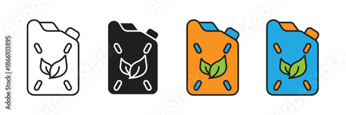 Jerrycan fuel containers with green leaf icons, representing biodiesel, eco-friendly gasoline, sustainable transport energy, and chemical industry environmental solutions.