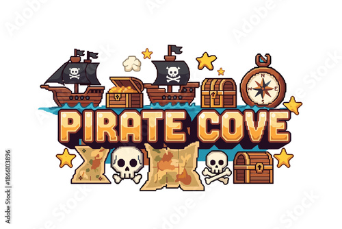 Pixel art pirate adventure with ships, treasures, and maps