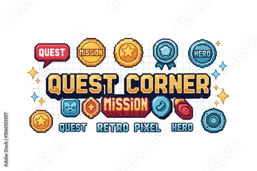 Retro pixel game icons and badges with quest and mission elements