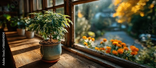 A potted plant on a window sill with a view of a garden