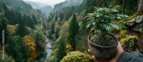 A hand holds a small bonsai with a verdant valley in the misty background