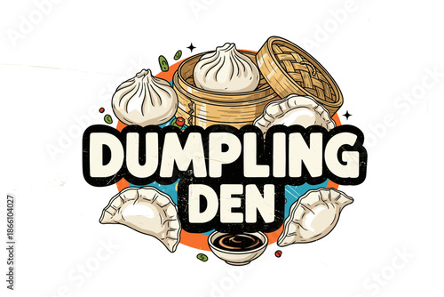 Trendy dumpling logo design with bamboo steamer and sauce elements